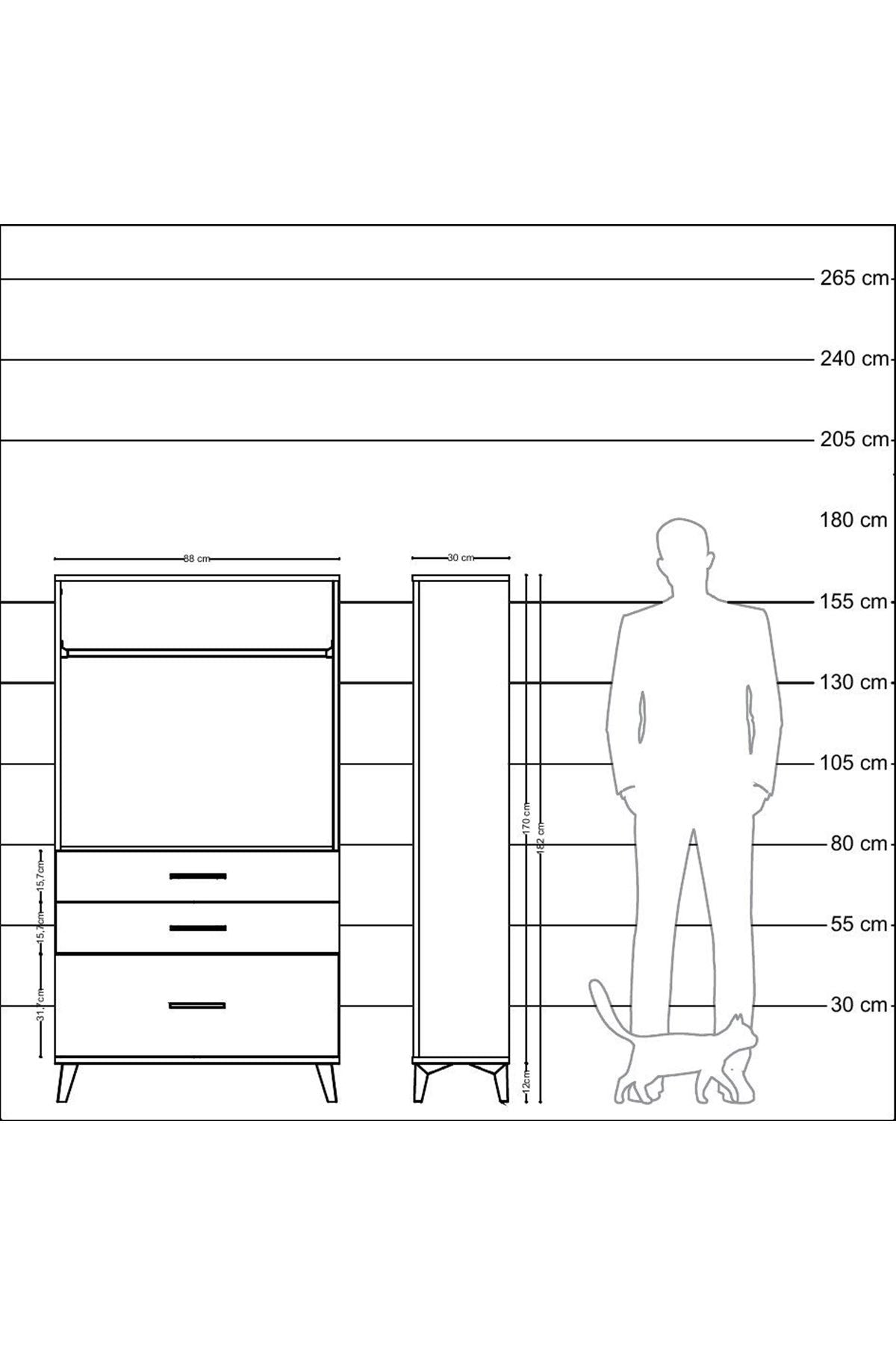 Arges Dolap Tek Raflı 3 Çekmeceli Tek Askılı 88x30x163 - S21M114V3A
