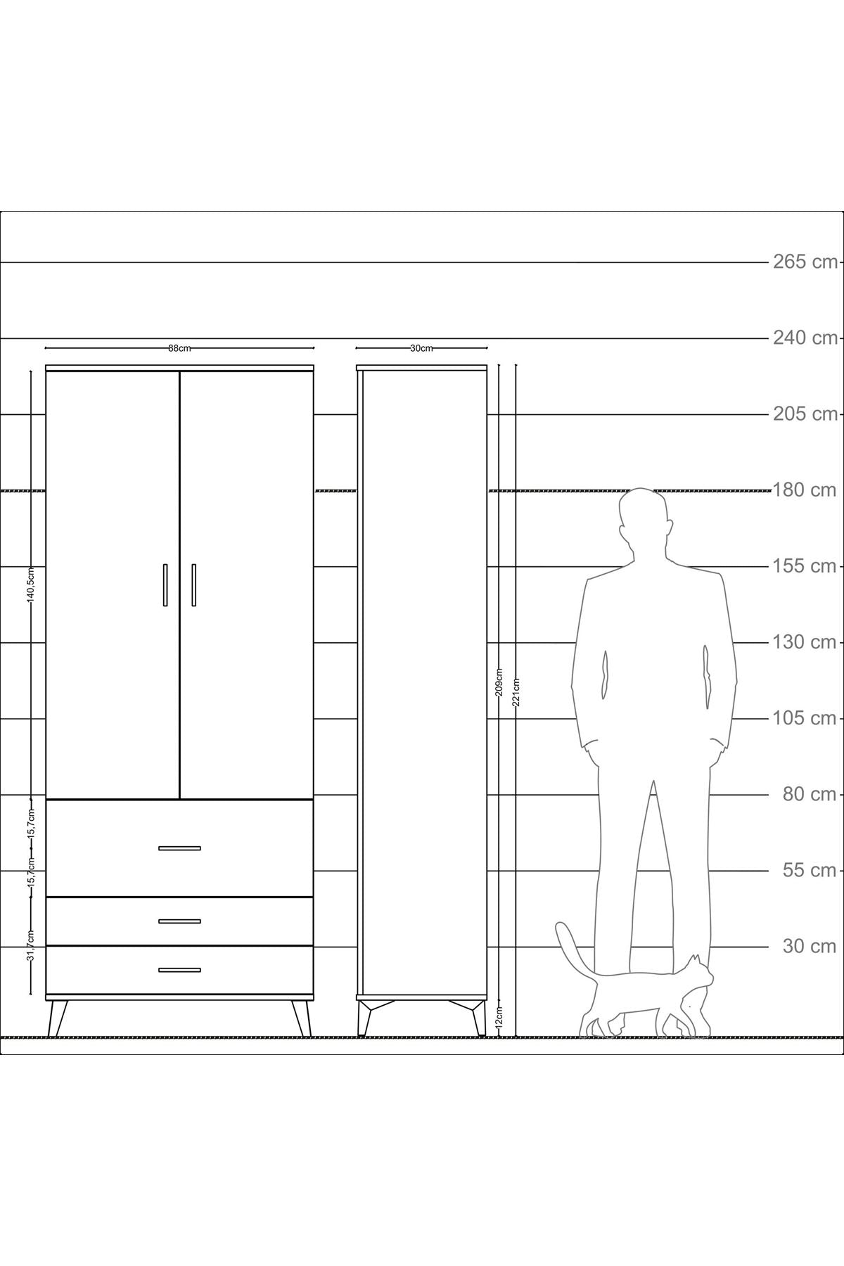 Arges Dolap 2 Raflı 3 Çekmeceli Tek Askılı 88x30x221 - S30M061V6A
