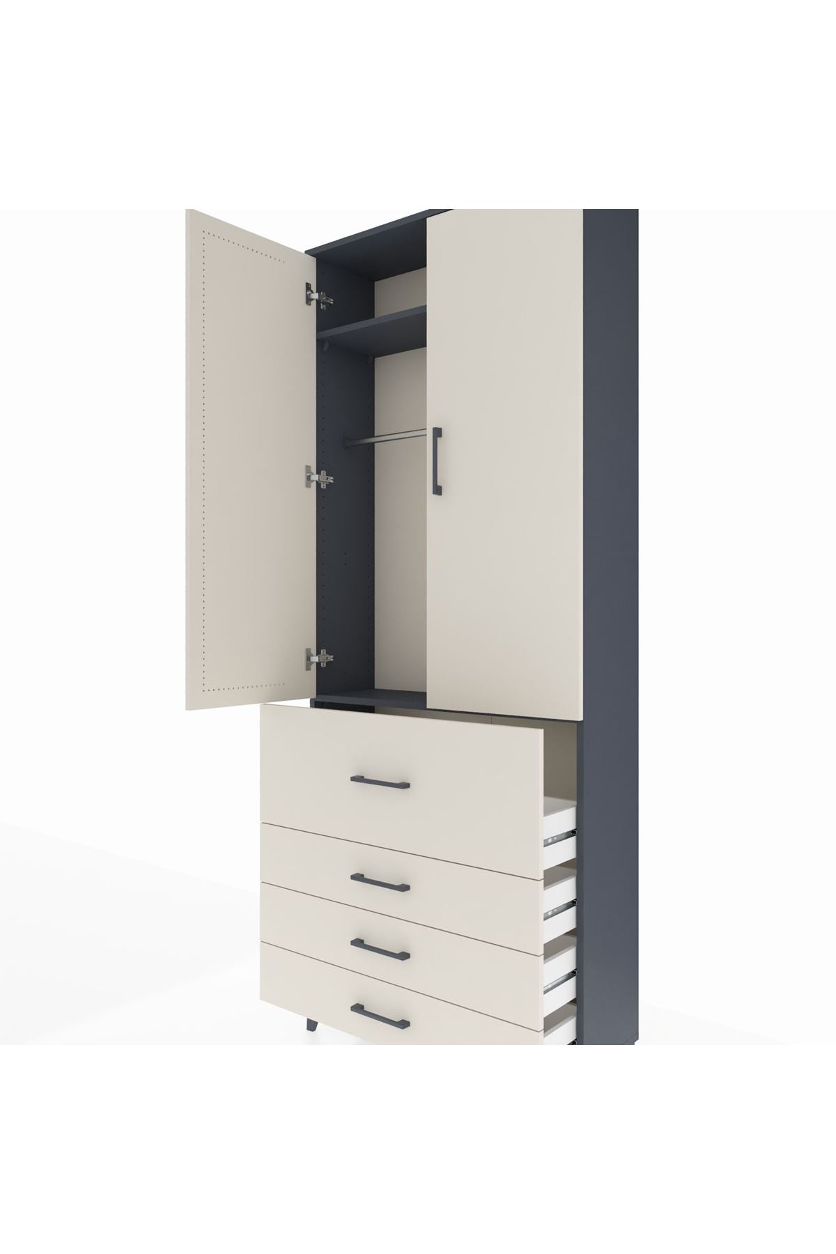 Arges Dolap 2 Raflı 4 Çekmeceli Tek Askılı 88x30x221 - S30M088V4A