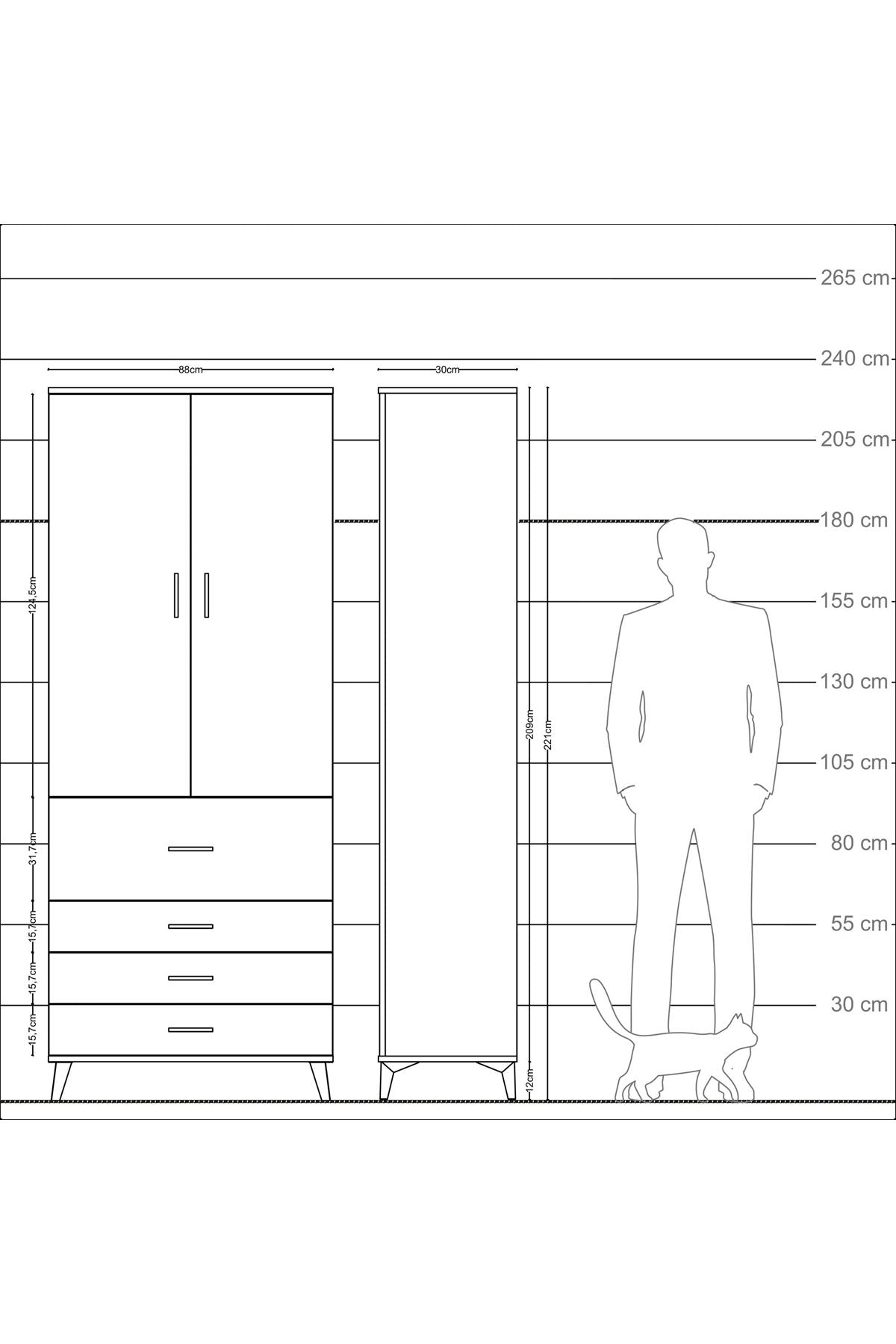 Arges Dolap 2 Raflı 4 Çekmeceli Tek Askılı 88x30x221 - S30M088V9A