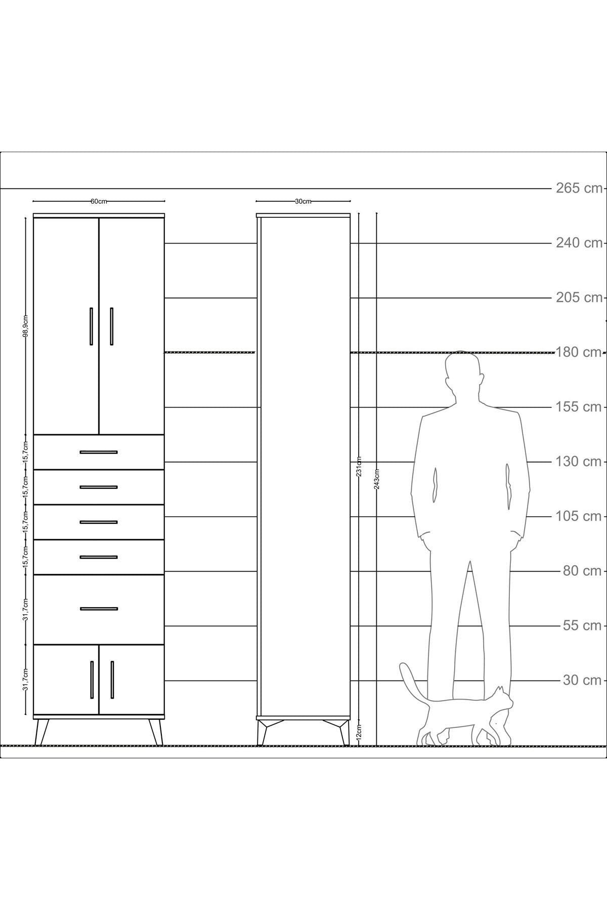 Arges Dolap 3 Raflı 5 Çekmeceli 4 Kapaklı 60x30x243 - S32M030V7A
