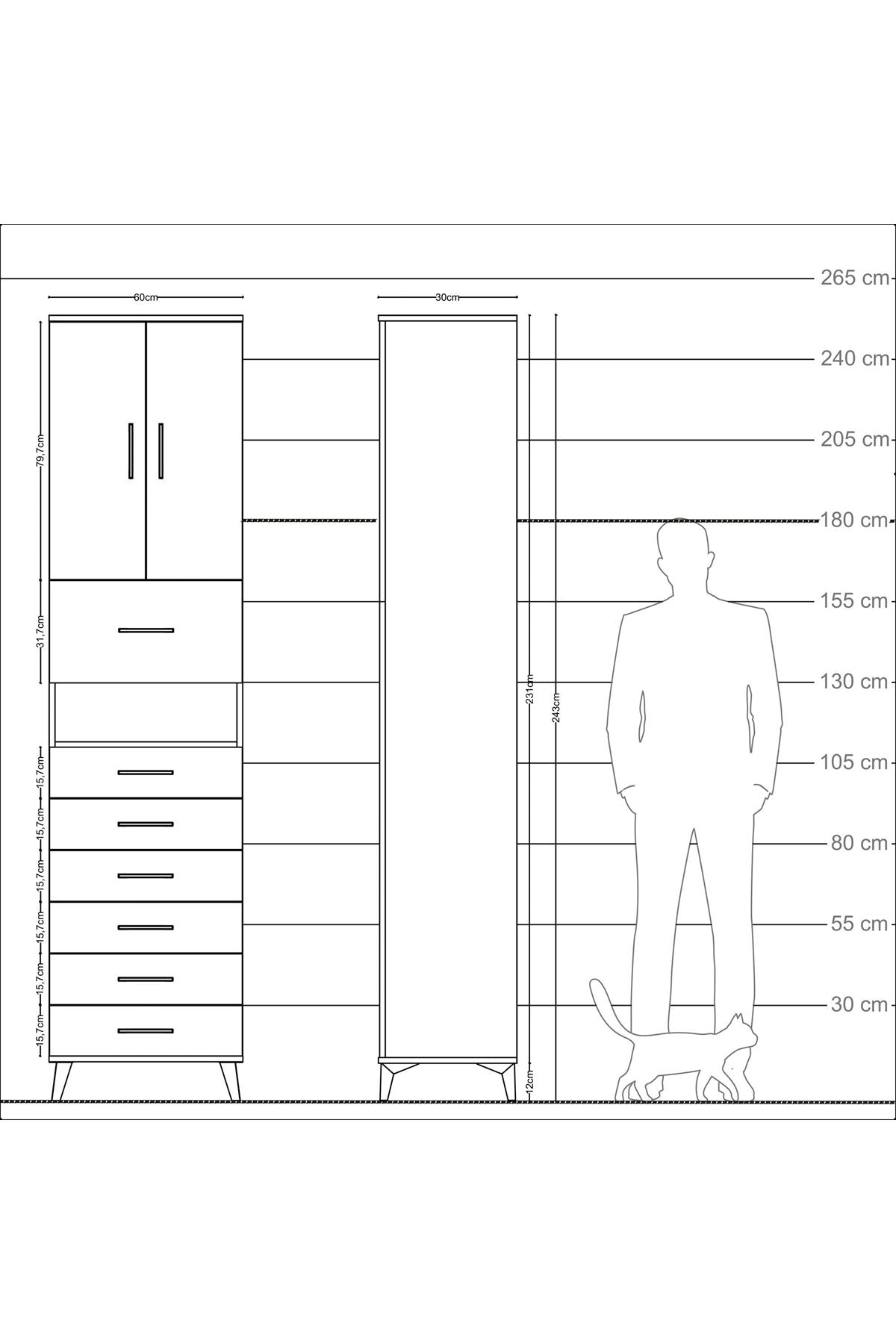 Arges Dolap 3 Raflı 6 Çekmeceli 2 Kapaklı 60x30x243 - S32M050V8A