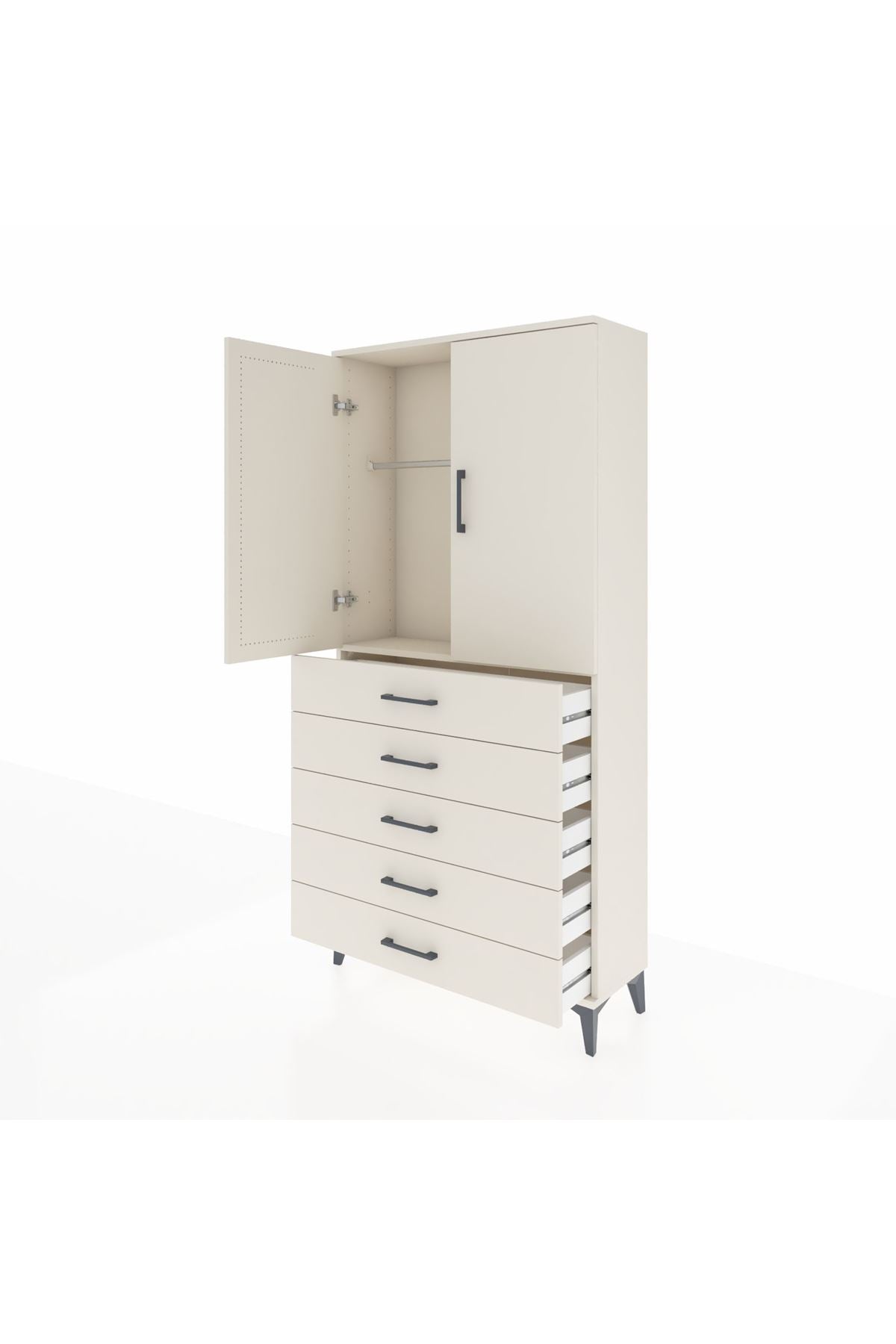 Arges Dolap Tek Raflı 5 Çekmeceli Tek Askılı 88x30x182 - S24M026V1A