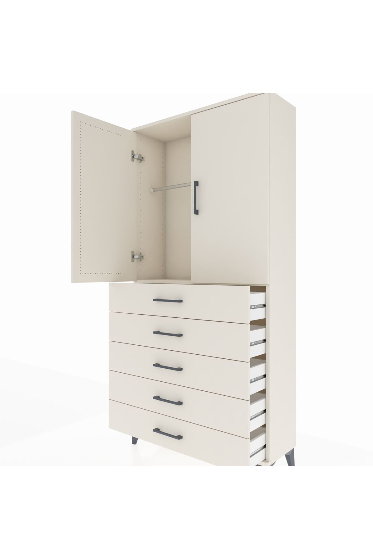 Arges Dolap Tek Raflı 5 Çekmeceli Tek Askılı 88x30x182 - S24M026V1A