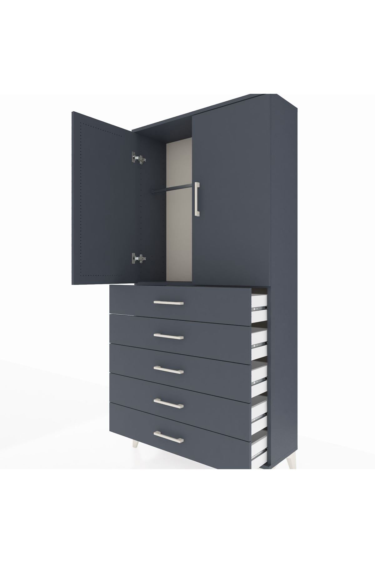 Arges Dolap Tek Raflı 5 Çekmeceli Tek Askılı 88x30x182 - S24M026V5A