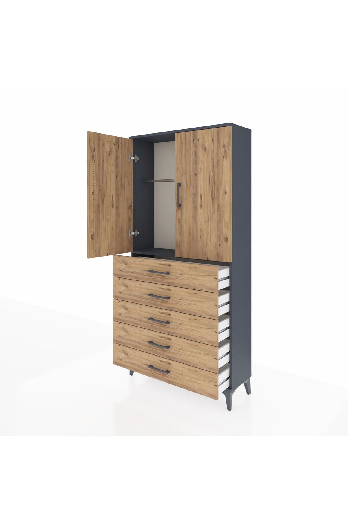 Arges Dolap Tek Raflı 5 Çekmeceli Tek Askılı 88x30x182 - S24M026V6A