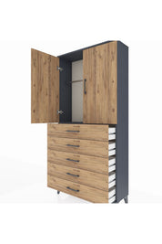 Arges Dolap Tek Raflı 5 Çekmeceli Tek Askılı 88x30x182 - S24M026V6A