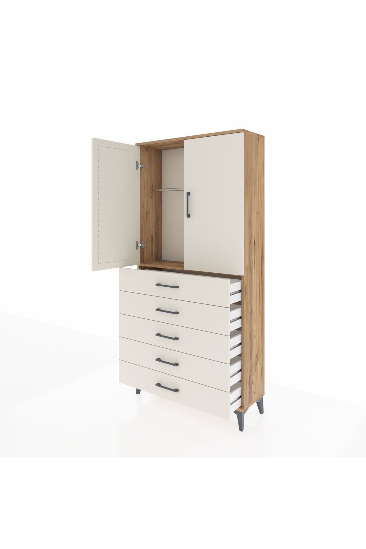 Arges Dolap Tek Raflı 5 Çekmeceli Tek Askılı 88x30x182 - S24M026V7A
