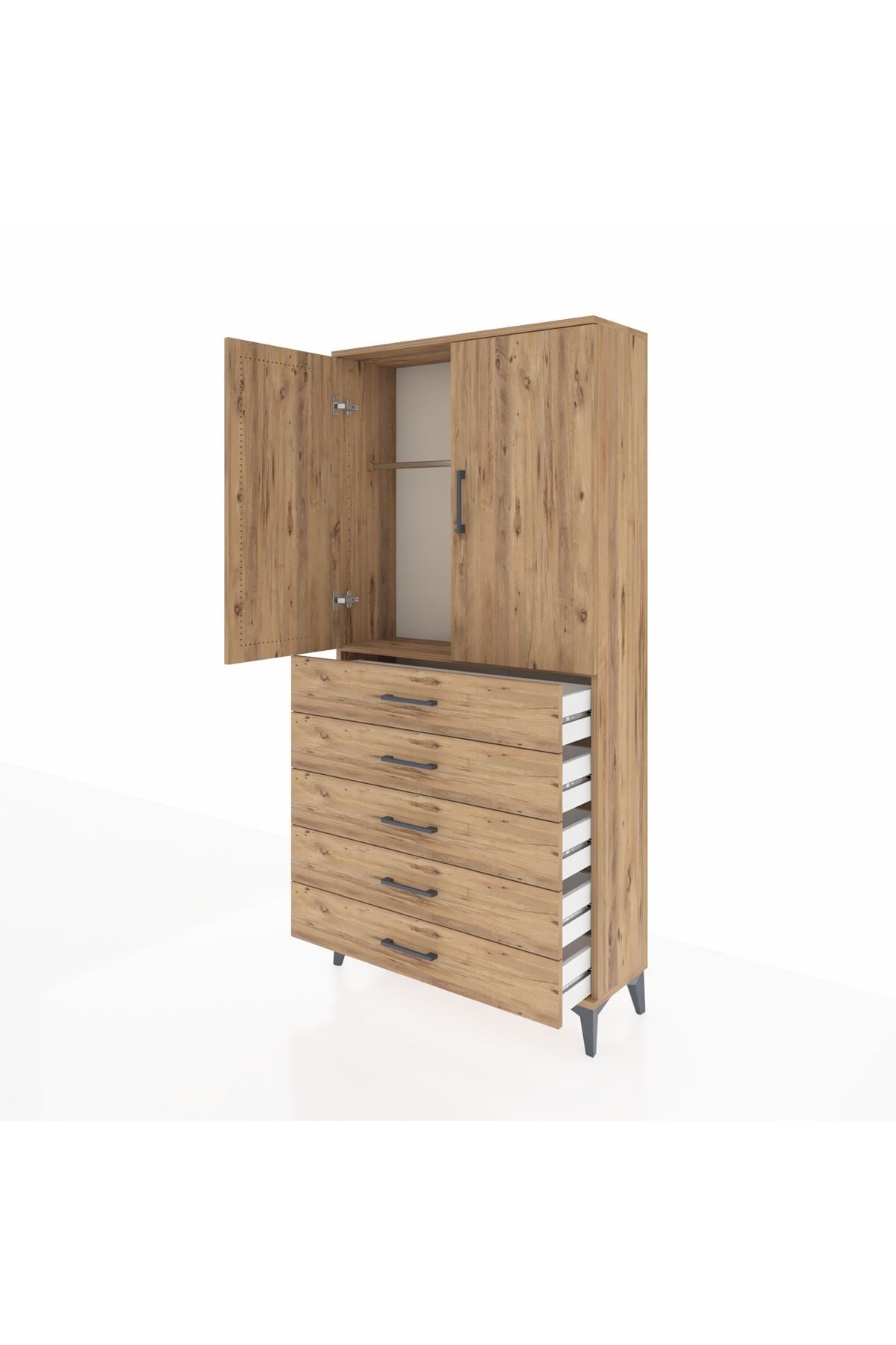 Arges Dolap Tek Raflı 5 Çekmeceli Tek Askılı 88x30x182 - S24M026V9A