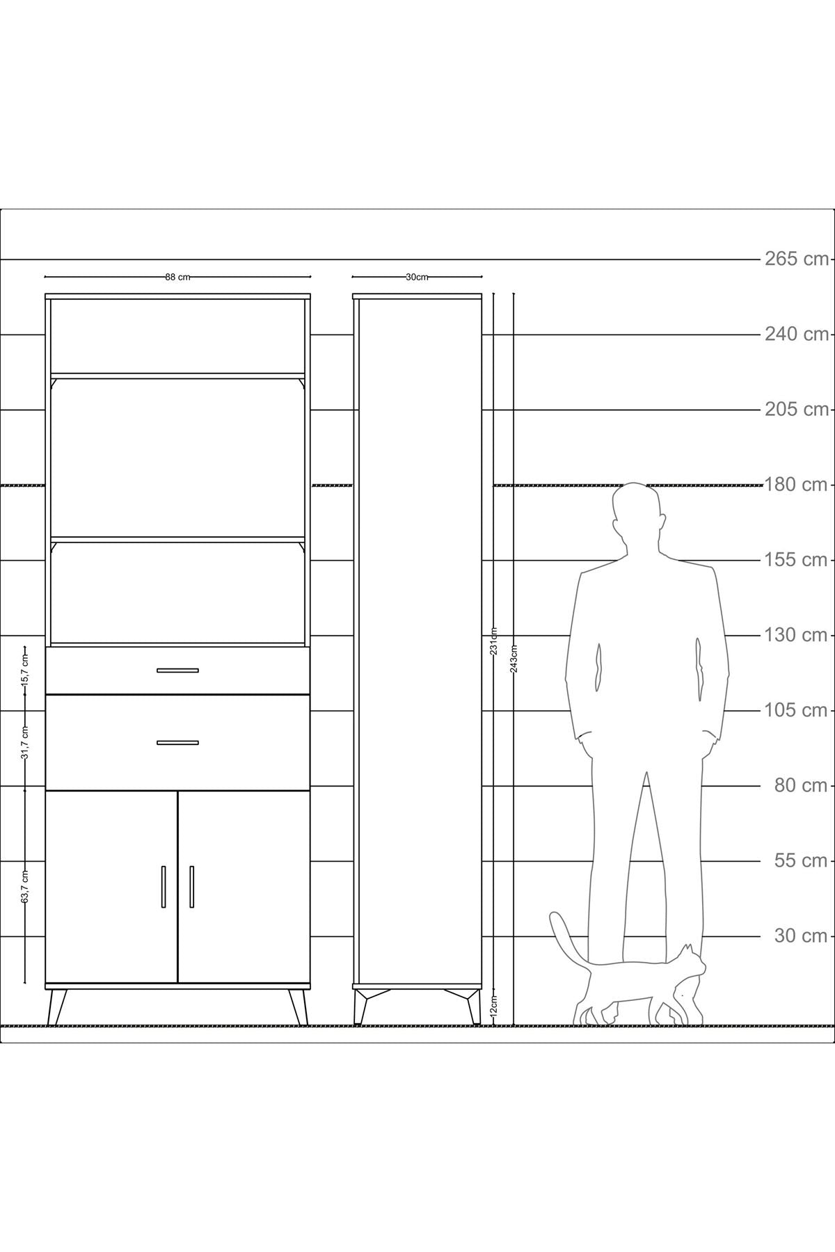 Arges Dolap 4 Raflı 2 Çekmeceli 2 Kapaklı 88x30x243 - S33M074V2A