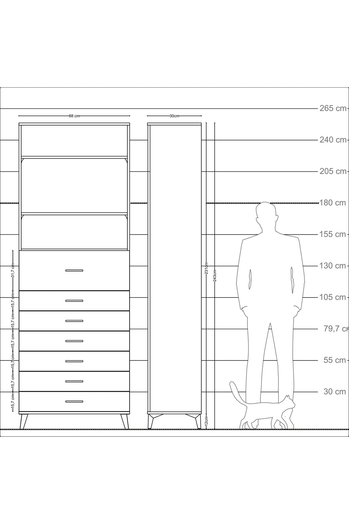Arges Dolap 3 Raflı 7 Çekmeceli 88x30x243 - S33M130V6A