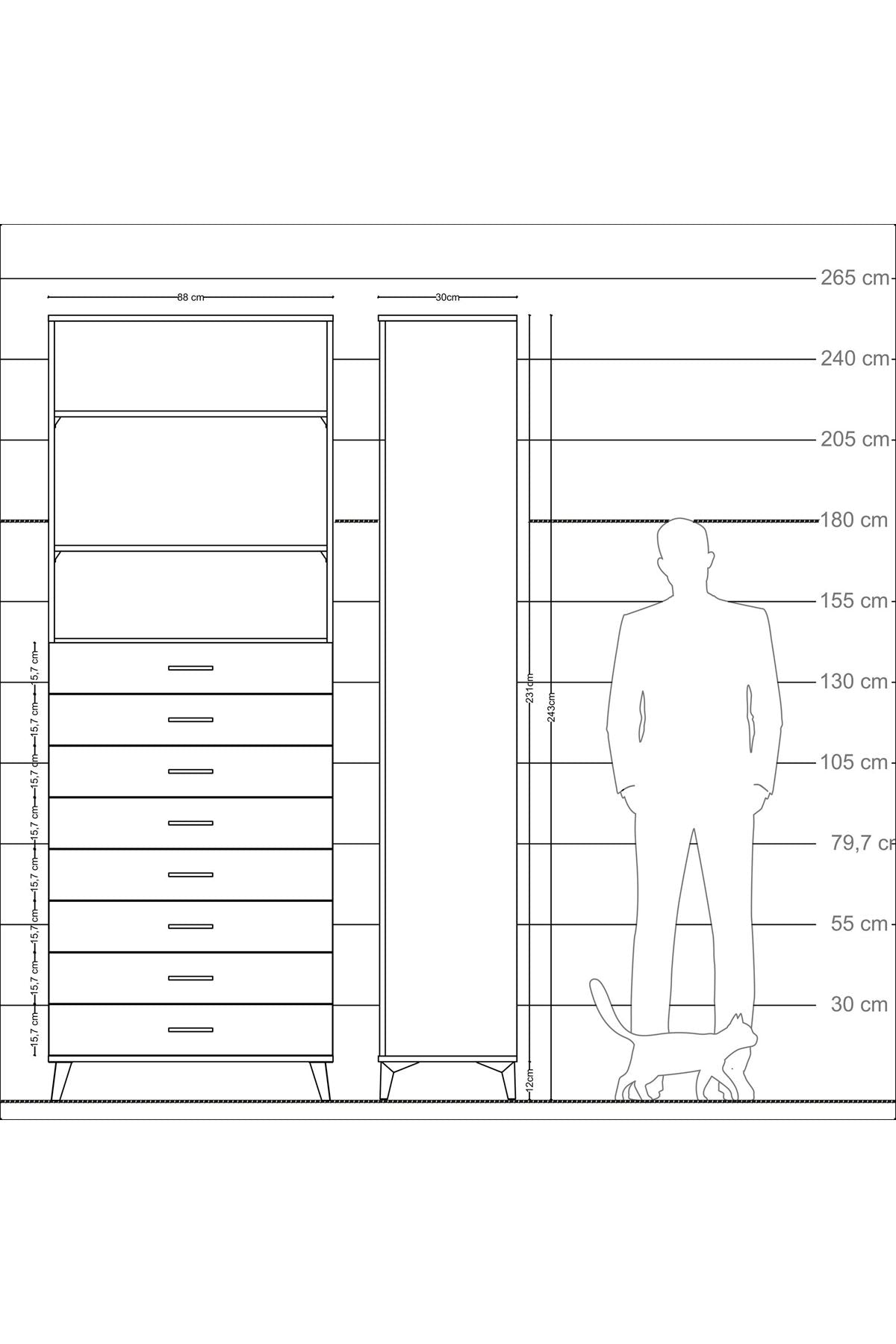 Arges Dolap 3 Raflı 8 Çekmeceli 88x30x243 - S33M210V6A