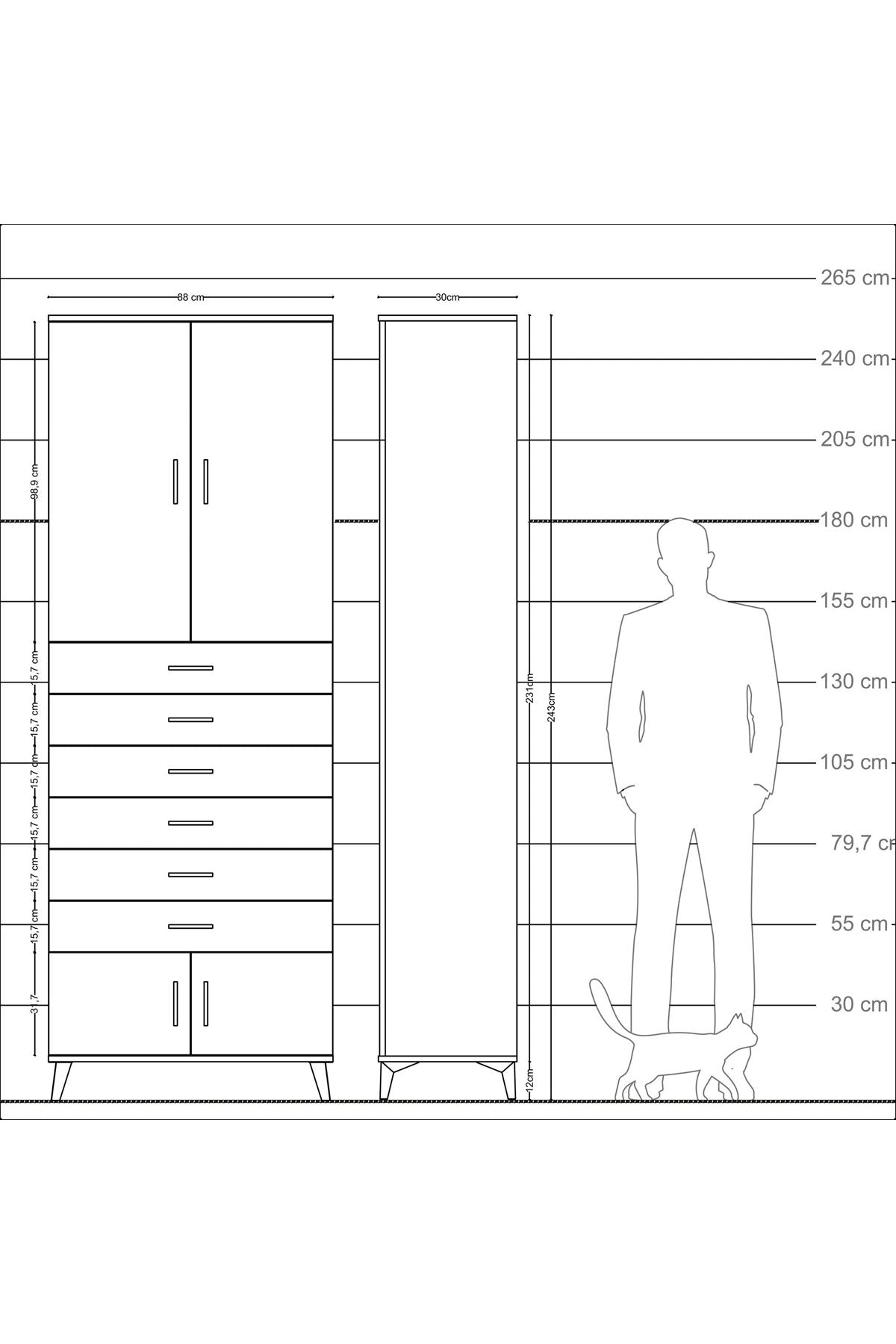 Arges Dolap 3 Raflı 6 Çekmeceli 4 Kapaklı 88x30x243 - S33M227V8A