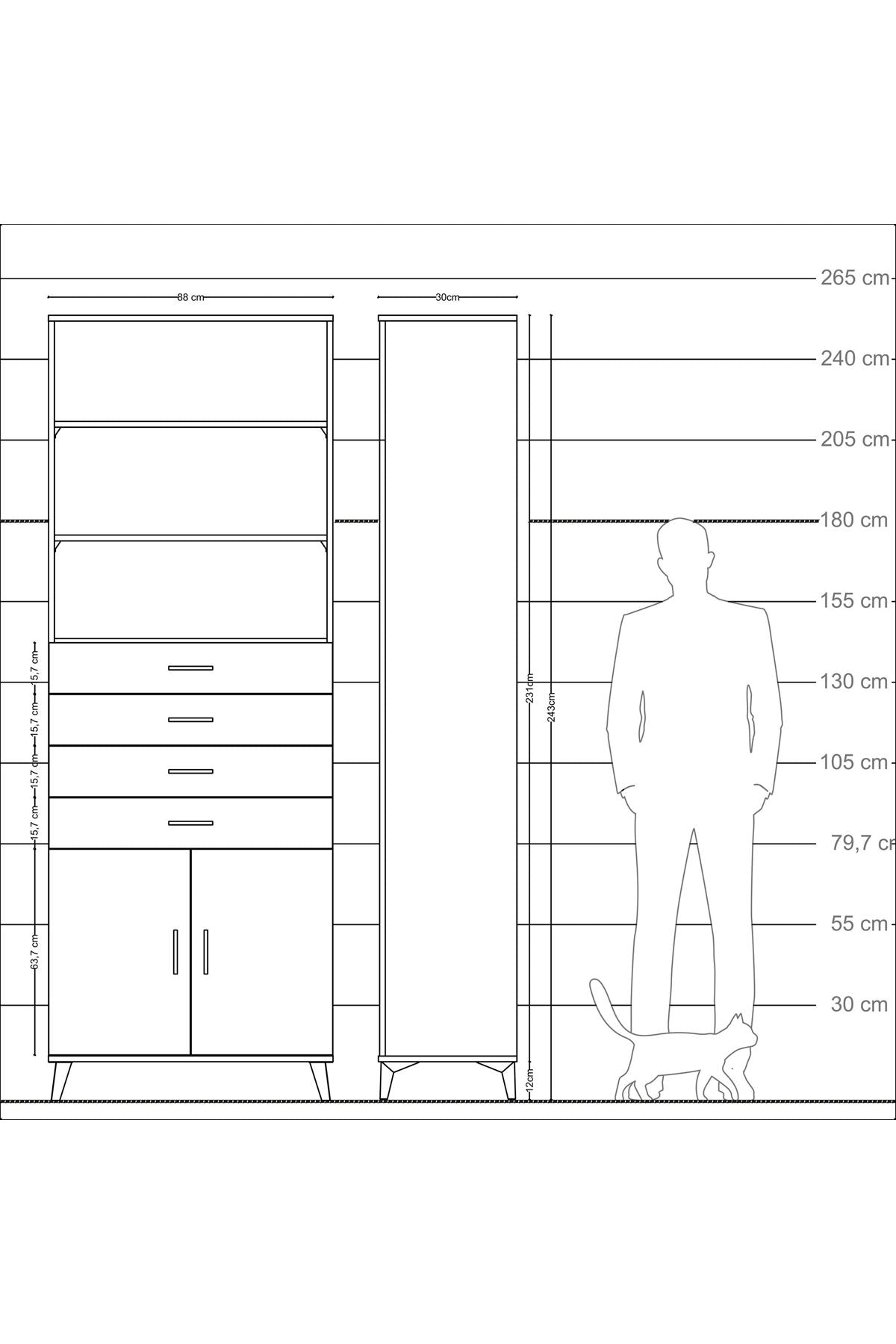 Arges Dolap 3 Raflı 4 Çekmeceli 2 Kapaklı 88x30x243 - S33M260V1A