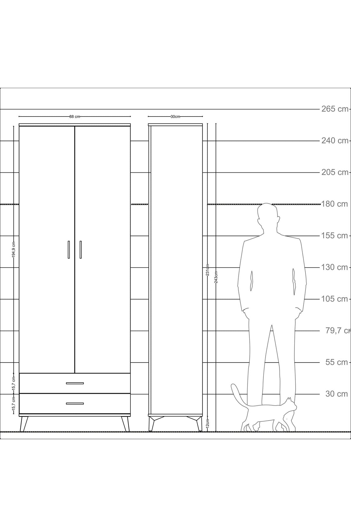 Arges Dolap 2 Raflı 2 Çekmeceli Tek Askılı 88x30x243 - S33M303V4A