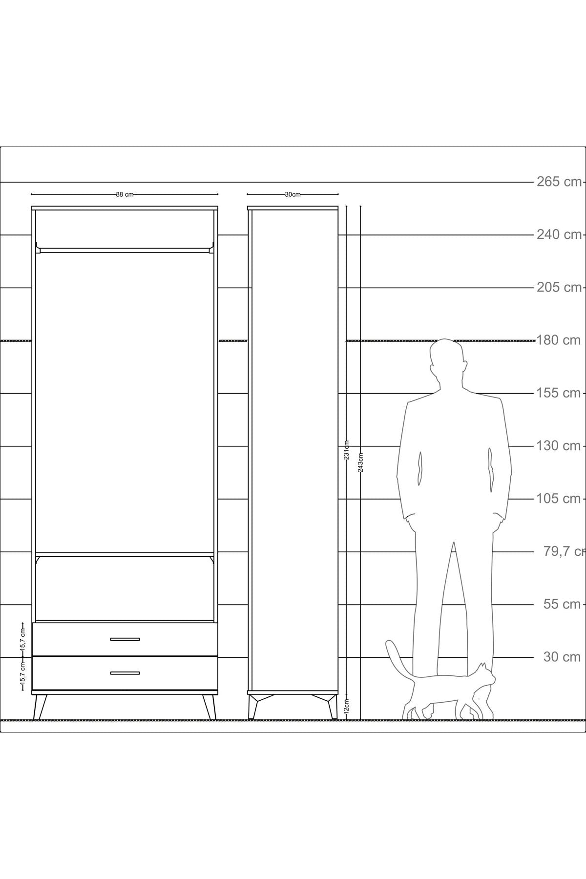 Arges Dolap 2 Raflı 2 Çekmeceli Tek Askılı 88x30x243 - S33M304V3A