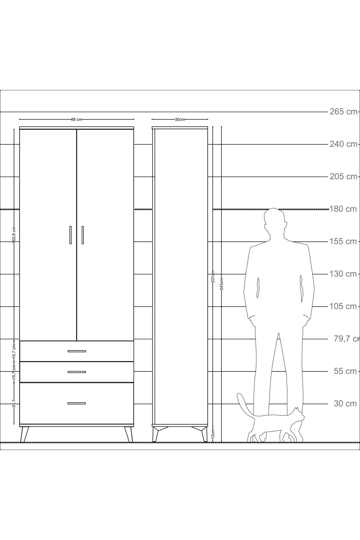 Arges Dolap Tek Raflı 3 Çekmeceli Tek Askılı 88x30x243 - S33M305V8A