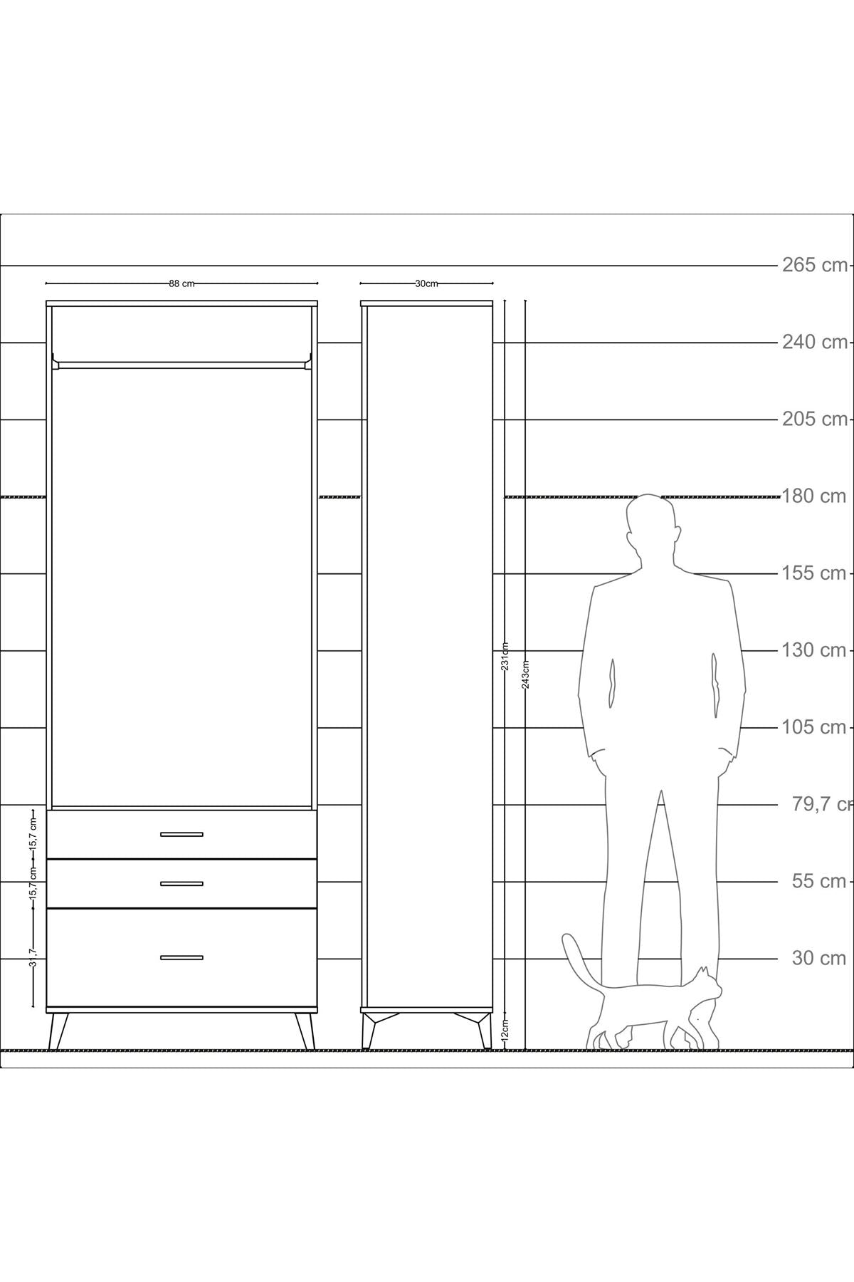 Arges Dolap Tek Raflı 3 Çekmeceli Tek Askılı 88x30x243 - S33M306V6A