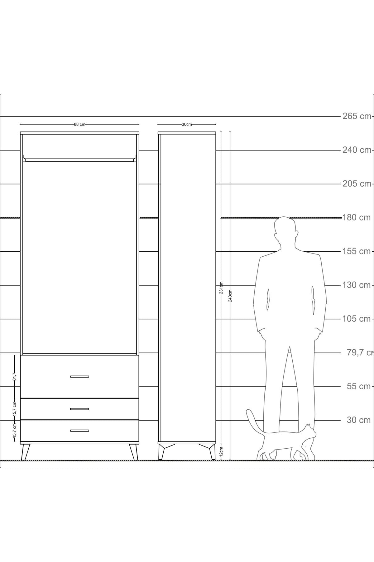 Arges Dolap Tek Raflı 3 Çekmeceli Tek Askılı 88x30x243 - S33M308V9A