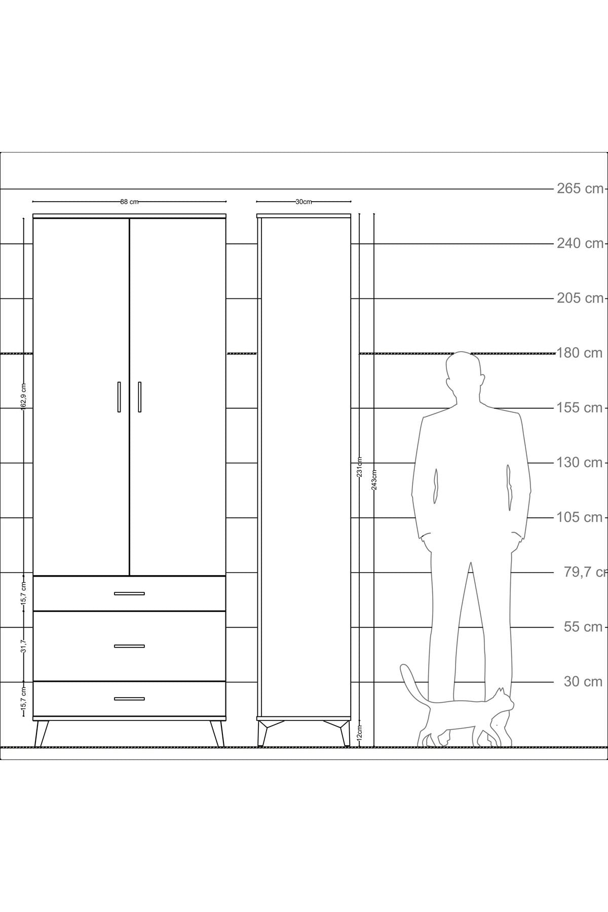 Arges Dolap Tek Raflı 3 Çekmeceli Tek Askılı 88x30x243 - S33M309V1A