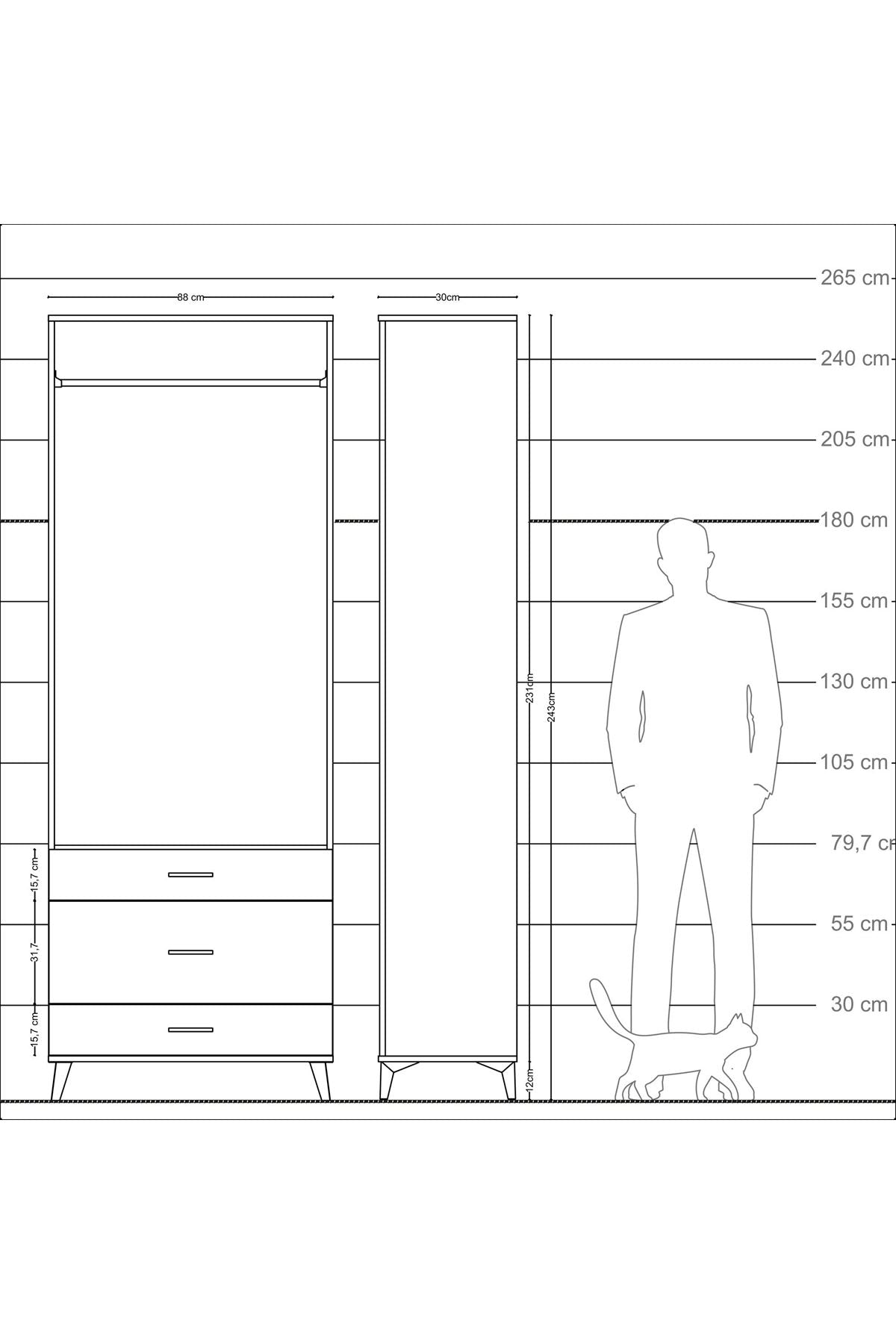 Arges Dolap Tek Raflı 3 Çekmeceli Tek Askılı 88x30x243 - S33M310V7A
