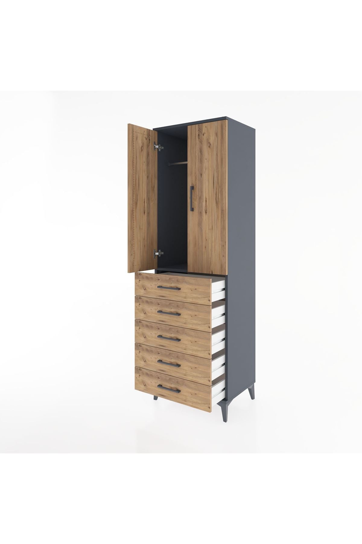 Hyperion Dolap Tek Raflı 5 Çekmeceli Tek Askılı 60x44x195 - S59M068V6B