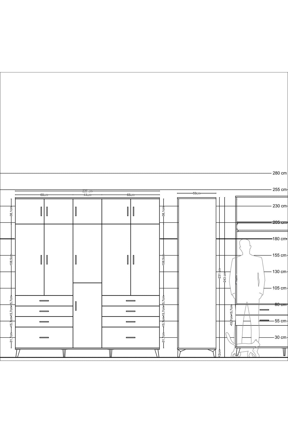 Kronos Dolap 8 Raflı 8 Çekmeceli 3 Askılı 220x59x243 - S784M009V17C