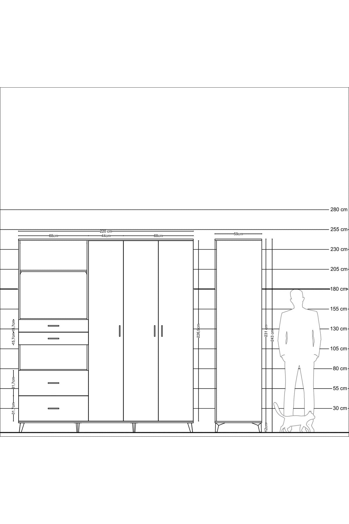 Kronos Dolap 12 Raflı 4 Çekmeceli Tek Askılı 220x59x243 - S784M073V18C